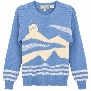 Joyce Mountain Landscape Sweater Womens L Blue Vintage Sequin Knit Good